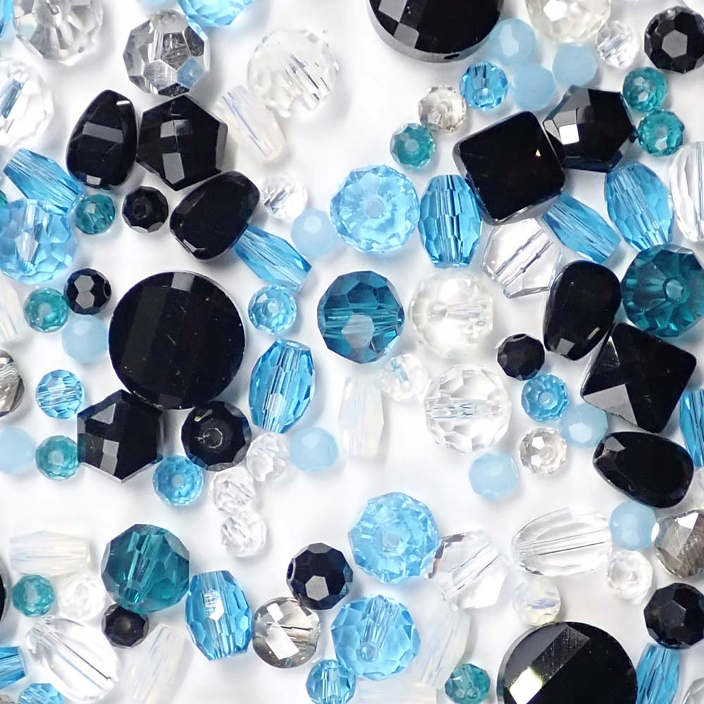 Aqua Blue Black Crystal Bead Mix, Mixed Shapes &amp; Sizes, 250 beads