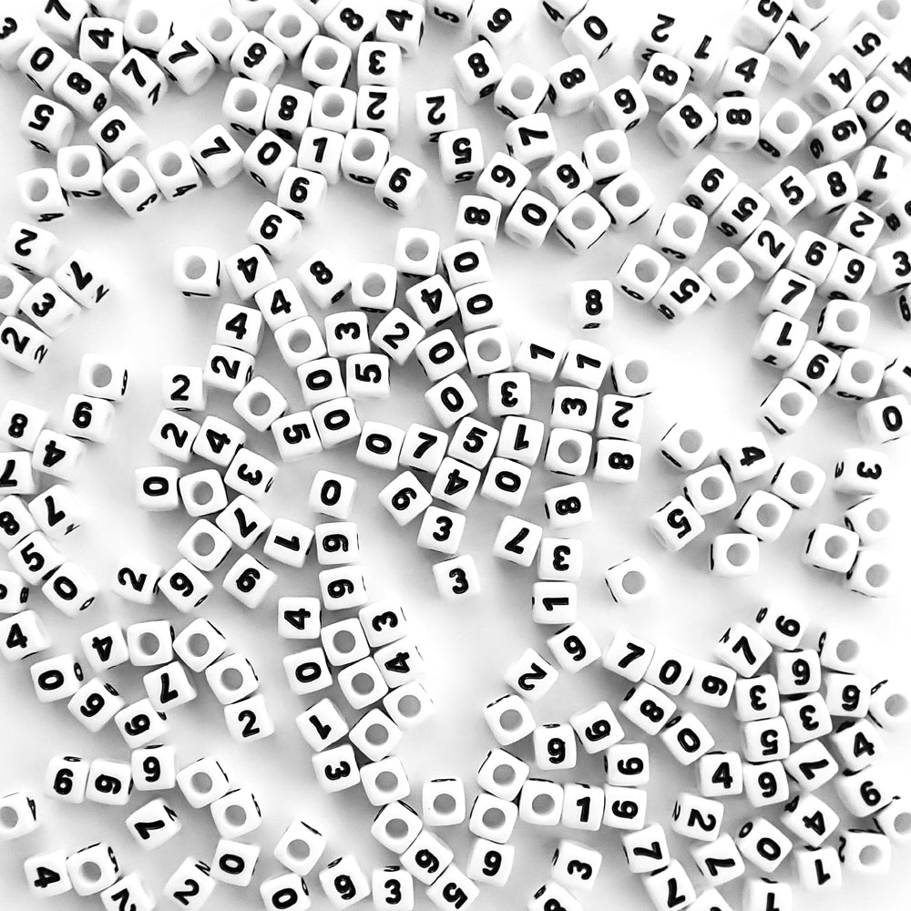 Plastic White Number Beads, Random Mix Numbers, (Horizontal), 7mm Cube -  Bead Bee