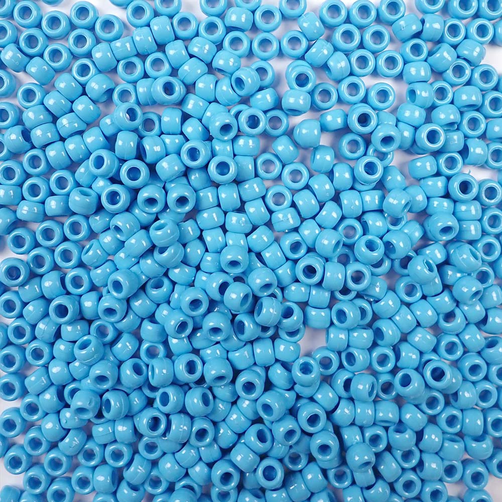Light Blue Opaque Plastic Pony Beads. Size 6 x 9 mm. Craft Beads. Made in the USA.