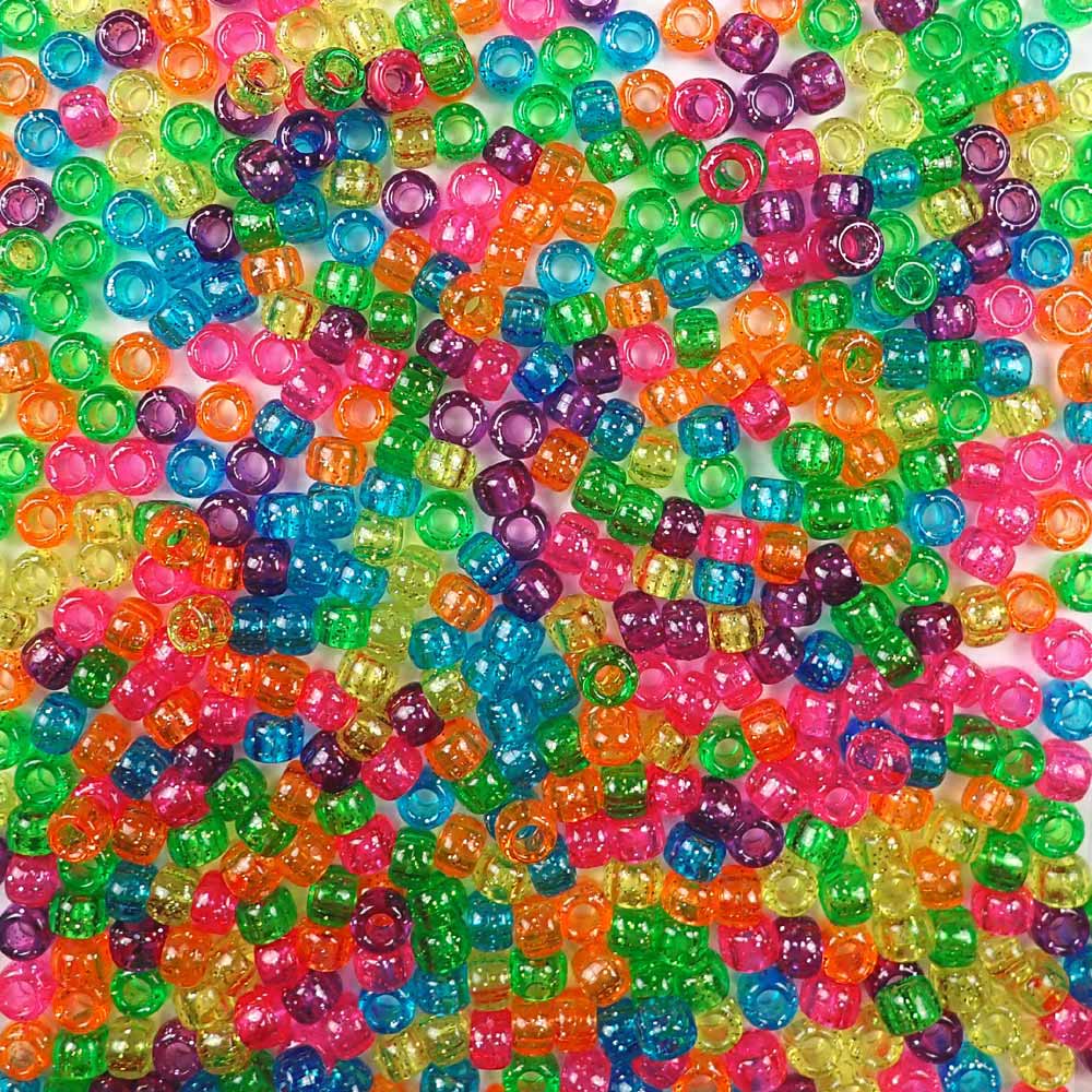 Bright Glitter Multicolor Mix Plastic Pony Beads 6 x 9mm, 1000 beads