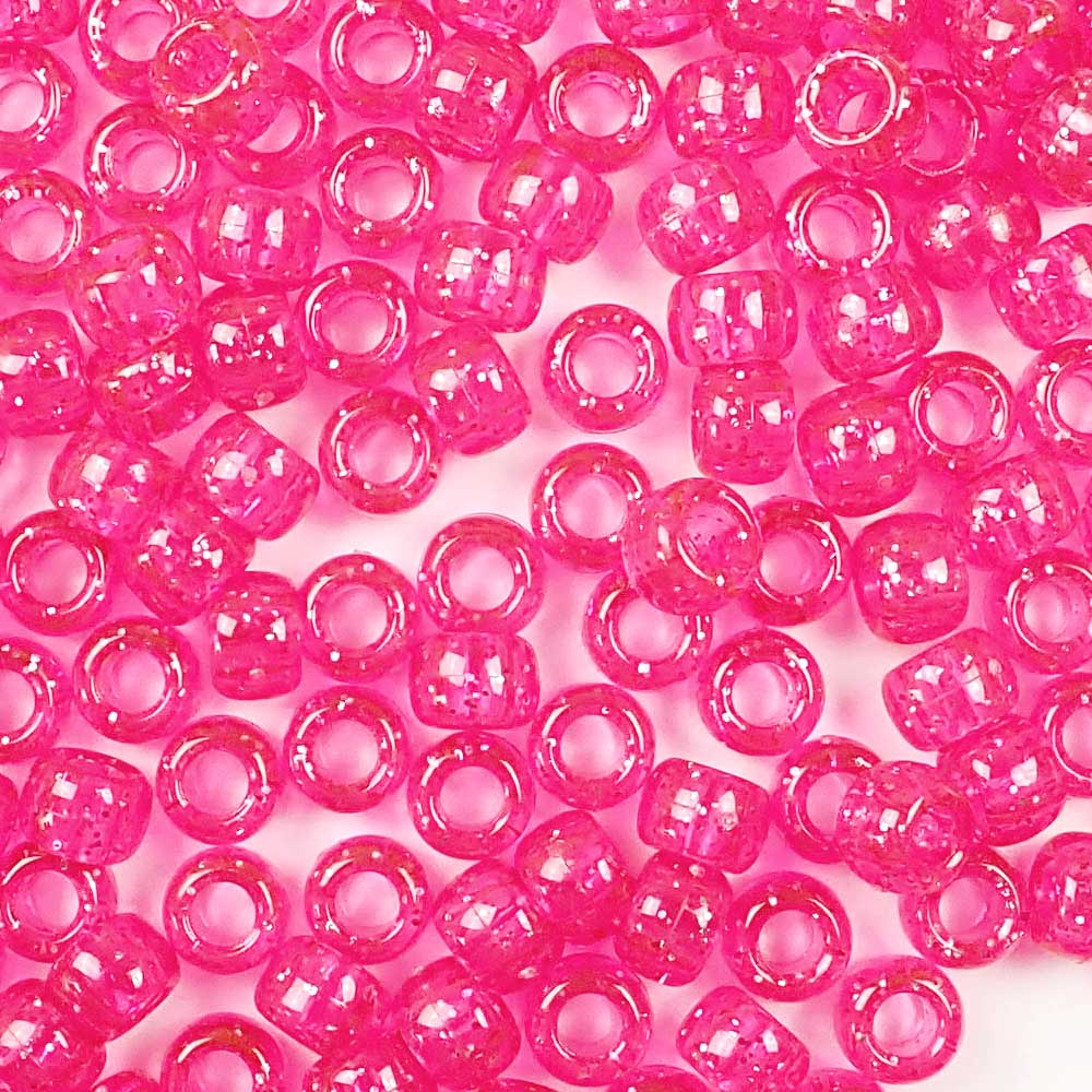 Hot Pink Glitter Plastic Craft Pony Beads 6x9mm, Bulk, Made in the USA -  Bead Bee