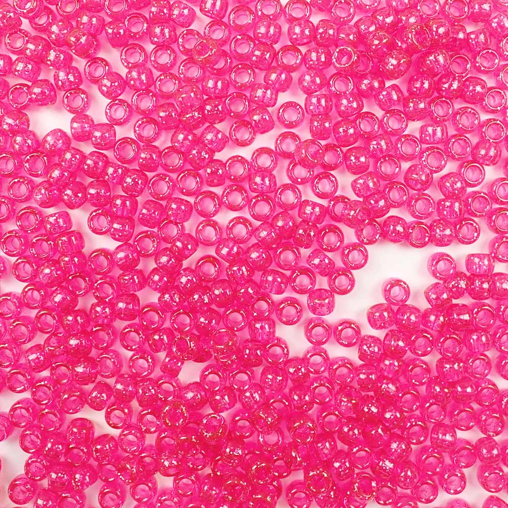 Hot Pink Glitter Plastic Pony Beads. Size 6 x 9 mm. Craft Beads. Made in the USA.