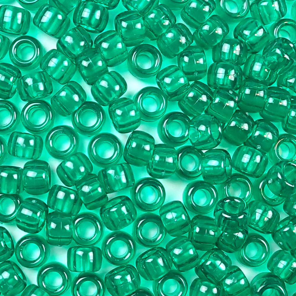 Emerald Green Plastic Pony Beads. Size 6 x 9 mm. Craft Beads. Made in the USA.