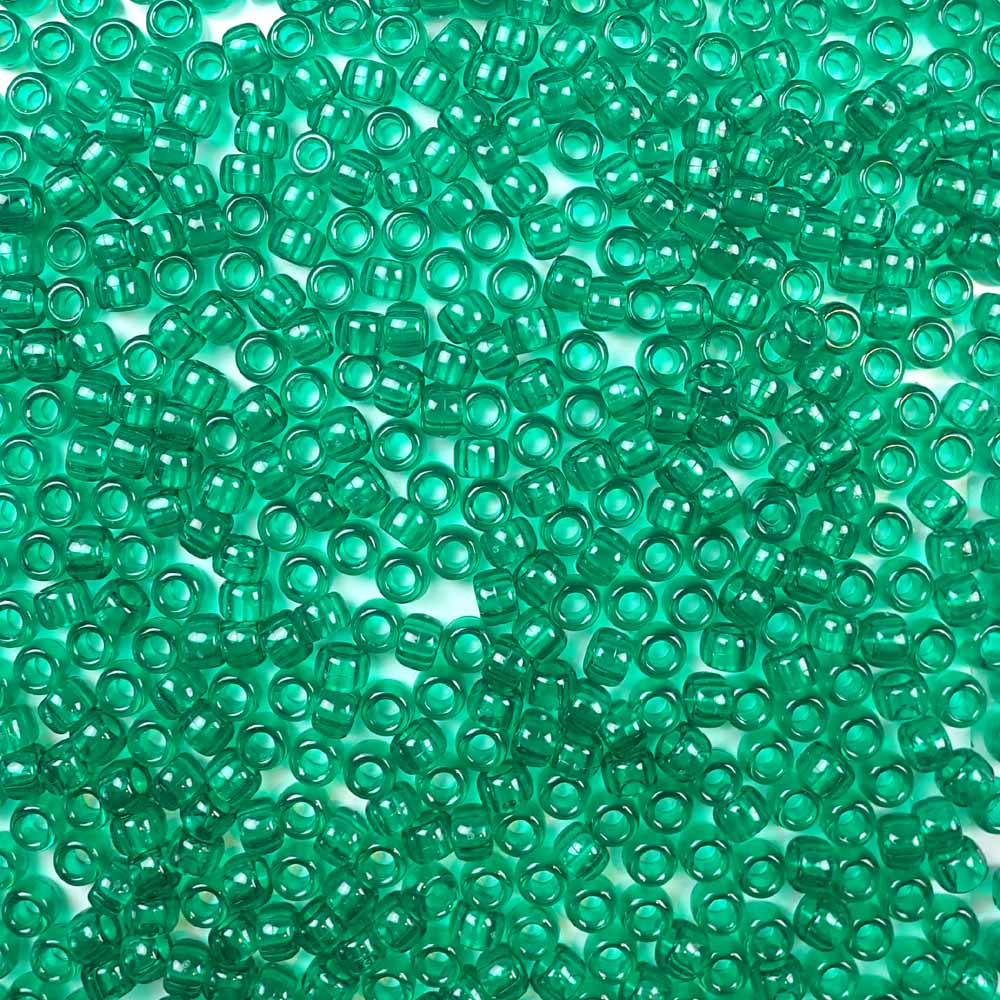 Emerald Green Plastic Pony Beads. Size 6 x 9 mm. Craft Beads. Made in the USA.