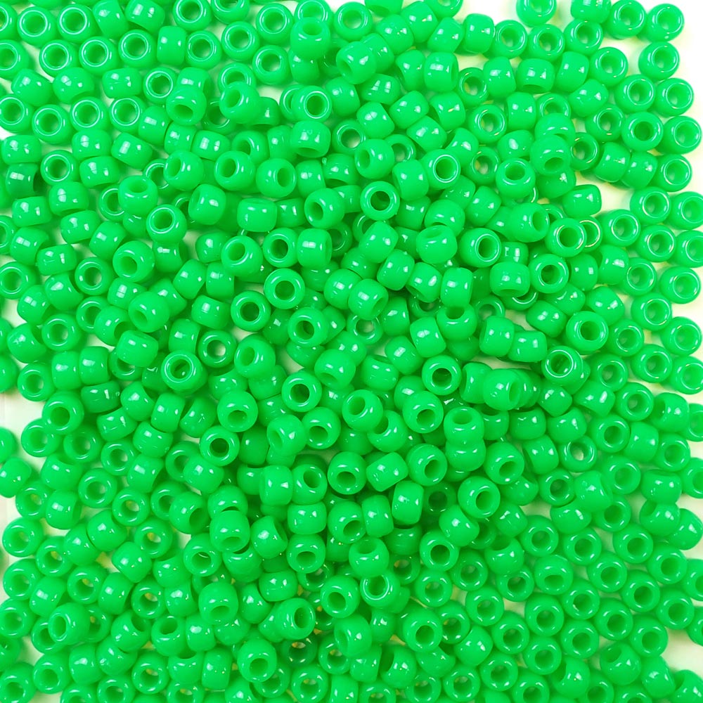 Grasshopper Green Plastic Pony Beads. Size 6 x 9 mm. Craft Beads. Made in the USA.
