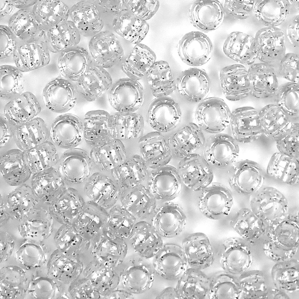 Silver Glitter Plastic Pony Beads 6 x 9mm, 500 beads