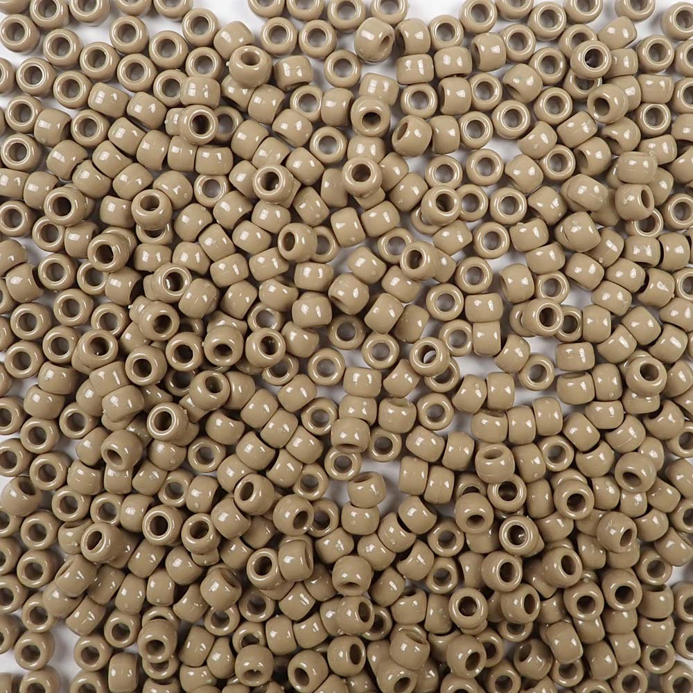 Khaki Tan Brown Plastic Pony Beads. Size 6 x 9 mm. Craft Beads. Made in the USA.