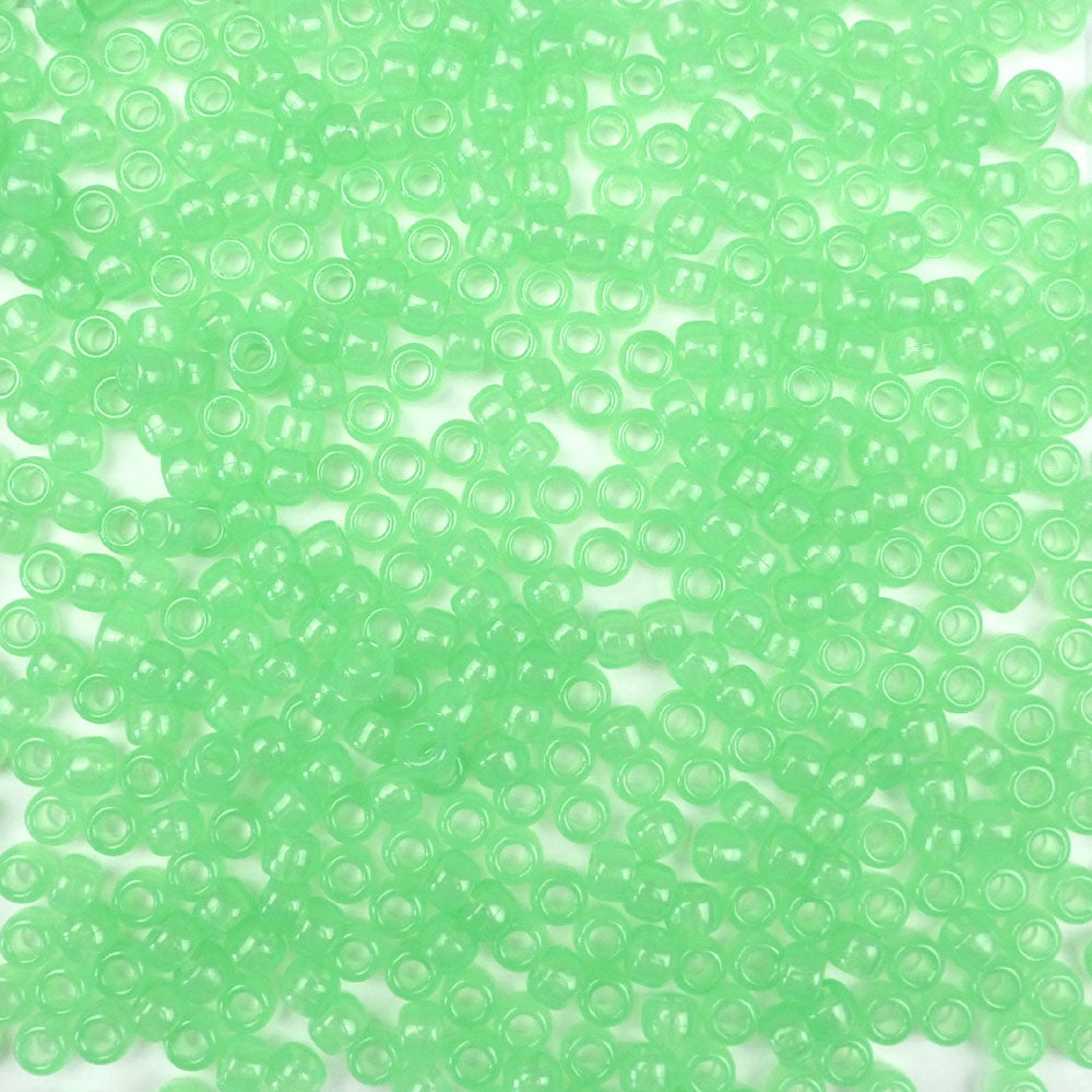 Green Glow Plastic Pony Beads. Size 6 x 9 mm. Craft Beads. Made in the USA.