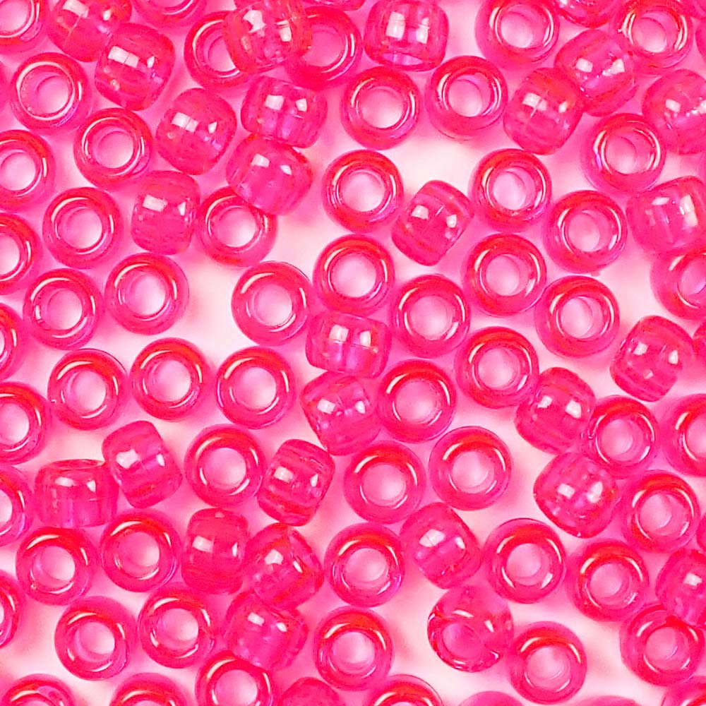 Hot Pink Transparent Plastic Pony Beads. Size 6 x 9 mm. Craft Beads. Made in the USA.