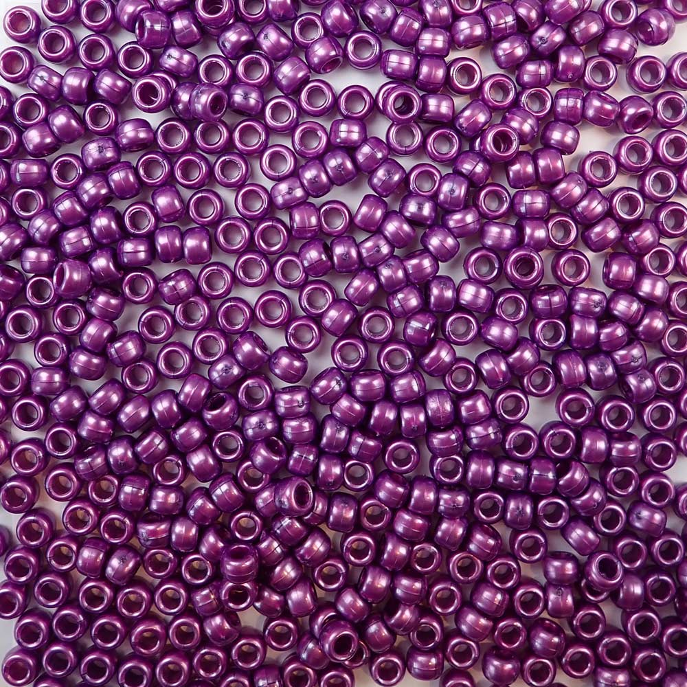Violet Purple Pearl Plastic Pony Beads. Size 6 x 9 mm. Craft Beads. Made in the USA.