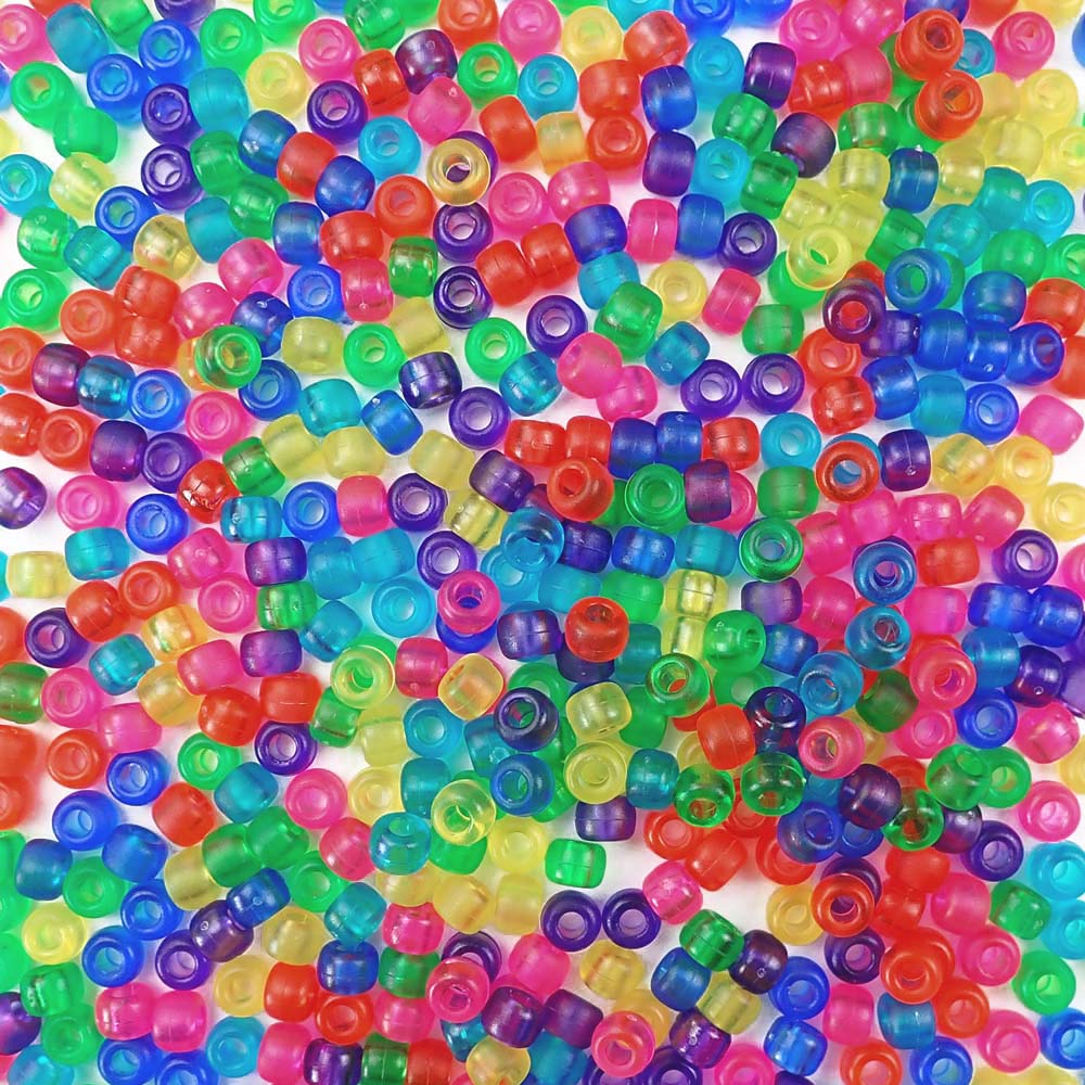 Frosted Rainbow Mix Plastic Pony Beads. Size 6 x 9 mm. Craft Beads. Made in the USA.