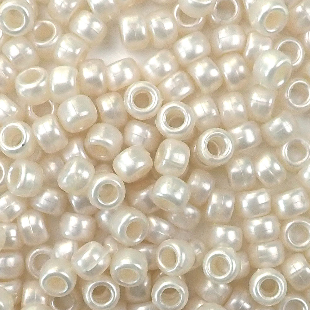 Antique White Pearl Plastic Pony Beads. Size 6 x 9 mm. Craft Beads. Made in the USA.