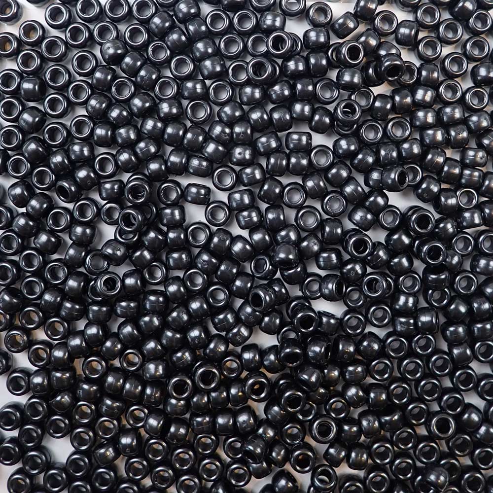 Black Pearl Plastic Pony Beads. Size 6 x 9 mm. Craft Beads. Made in the USA.