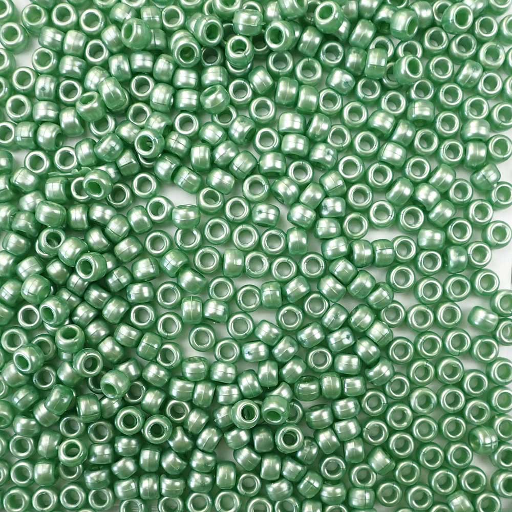 Fern Green Pearl Plastic Pony Beads. Size 6 x 9 mm. Craft Beads. Made in the USA.