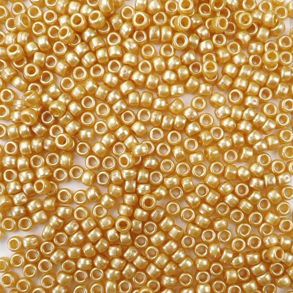 Gold Pearl Plastic Pony Beads. Size 6 x 9 mm. Craft Beads. Made in the USA.