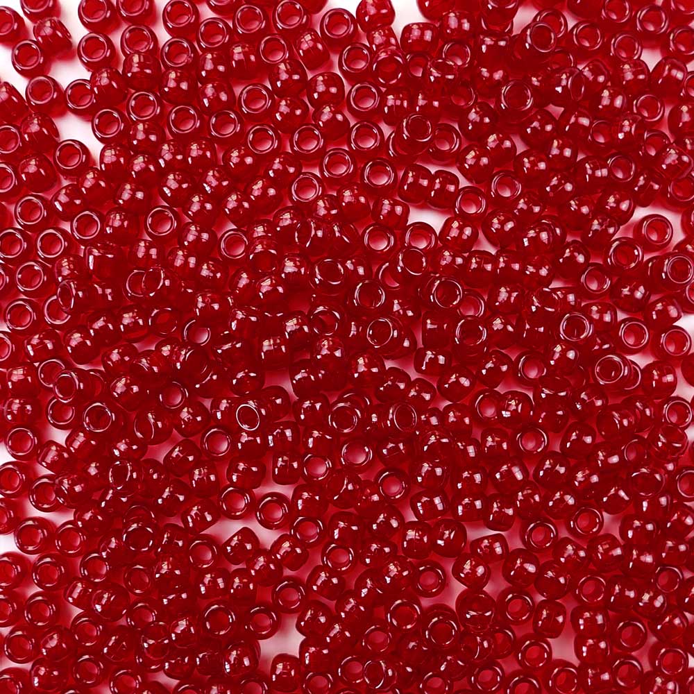 Dark Ruby Transparent Plastic Pony Beads. Size 6 x 9 mm. Craft Beads. Made in the USA.