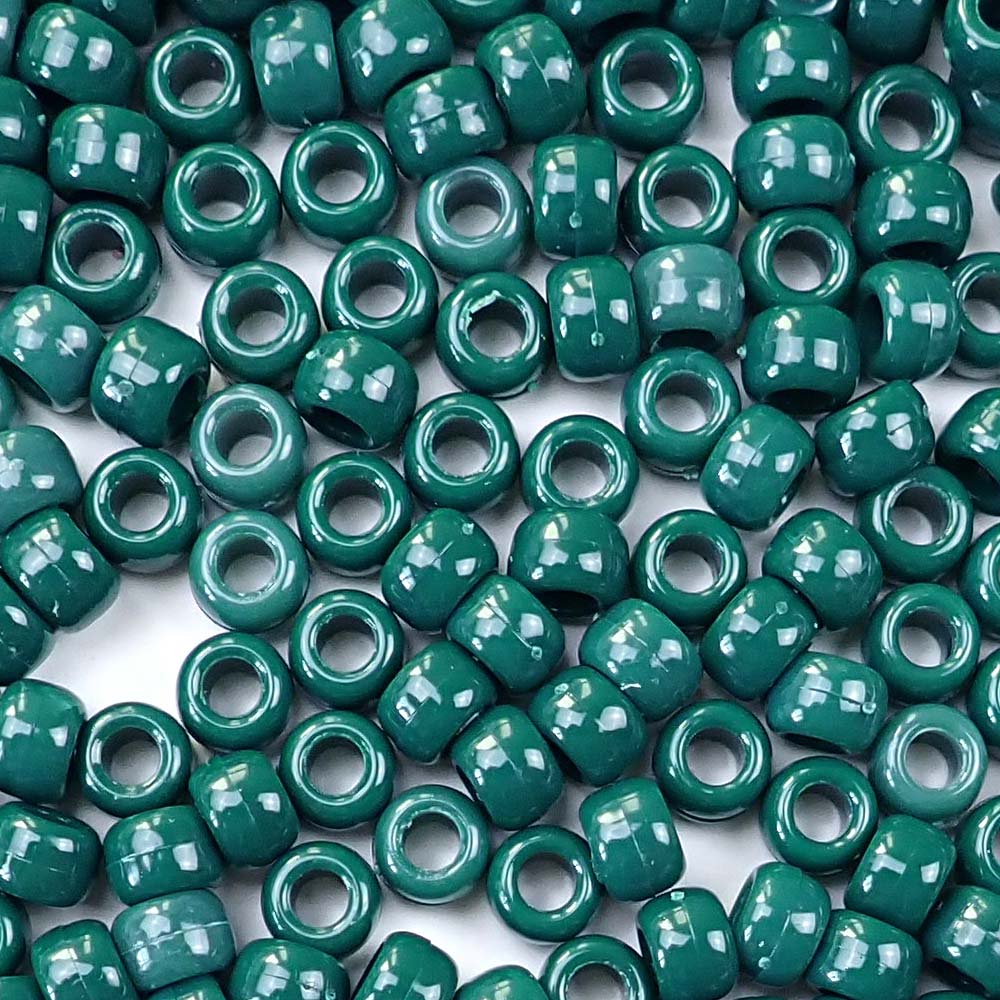 Forest Green Plastic Pony Beads. Size 6 x 9 mm. Craft Beads. Made in the USA.