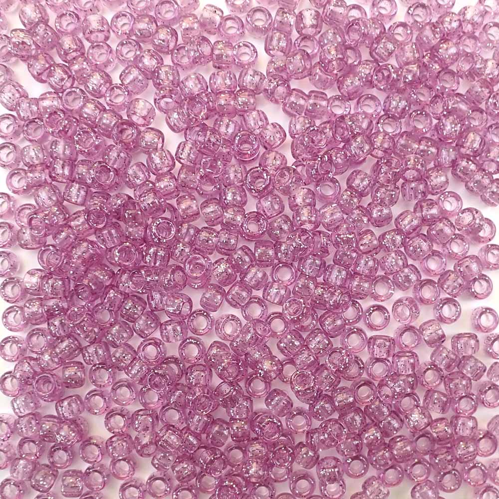 Light Amethyst Purple Glitter Plastic Pony Beads. Size 6 x 9 mm. Craft Beads. Made in the USA.