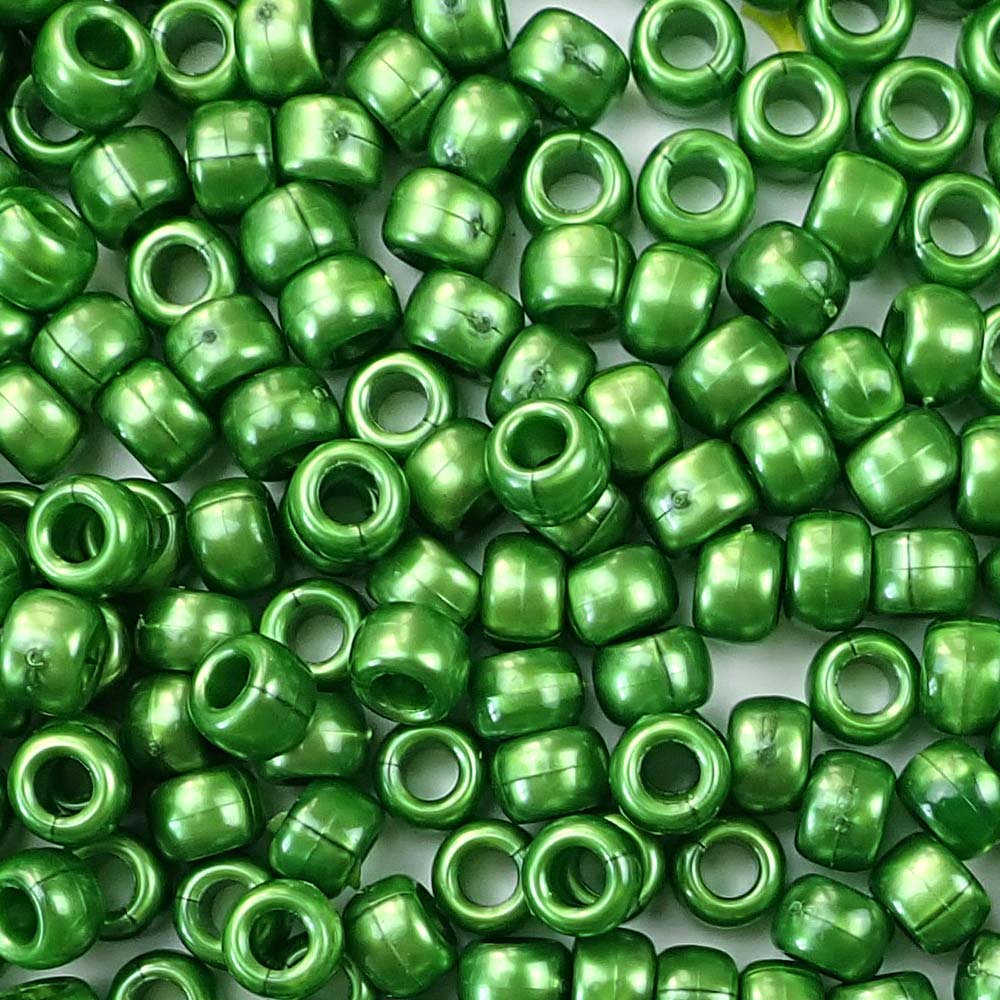 Green Pearl Plastic Pony Beads. Size 6 x 9 mm. Craft Beads. Made in the USA.
