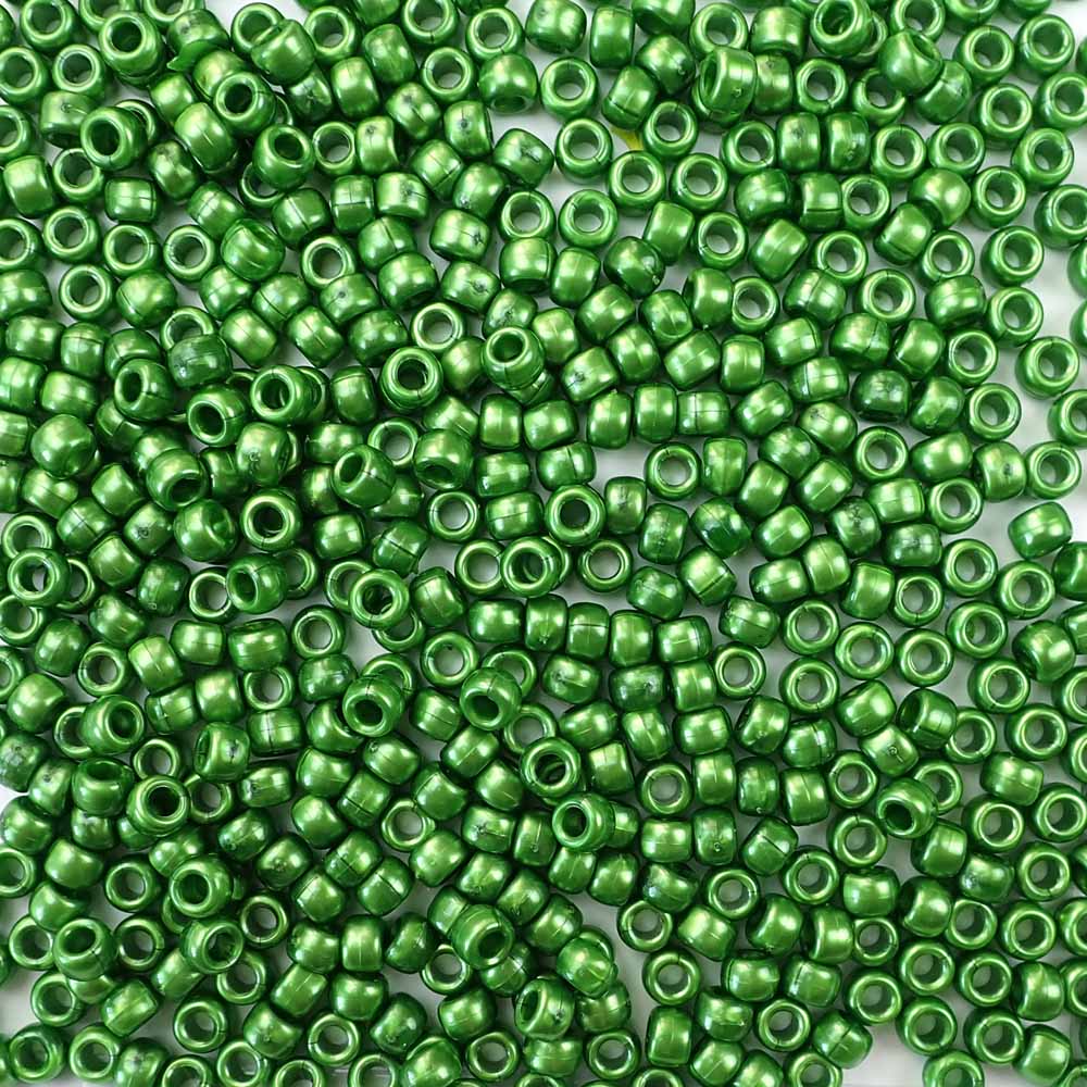 Green Pearl Plastic Pony Beads. Size 6 x 9 mm. Craft Beads. Made in the USA.