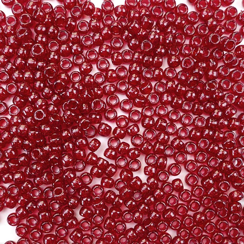 Dark Ruby Glitter Plastic Pony Beads. Size 6 x 9 mm. Craft Beads. Made in the USA.