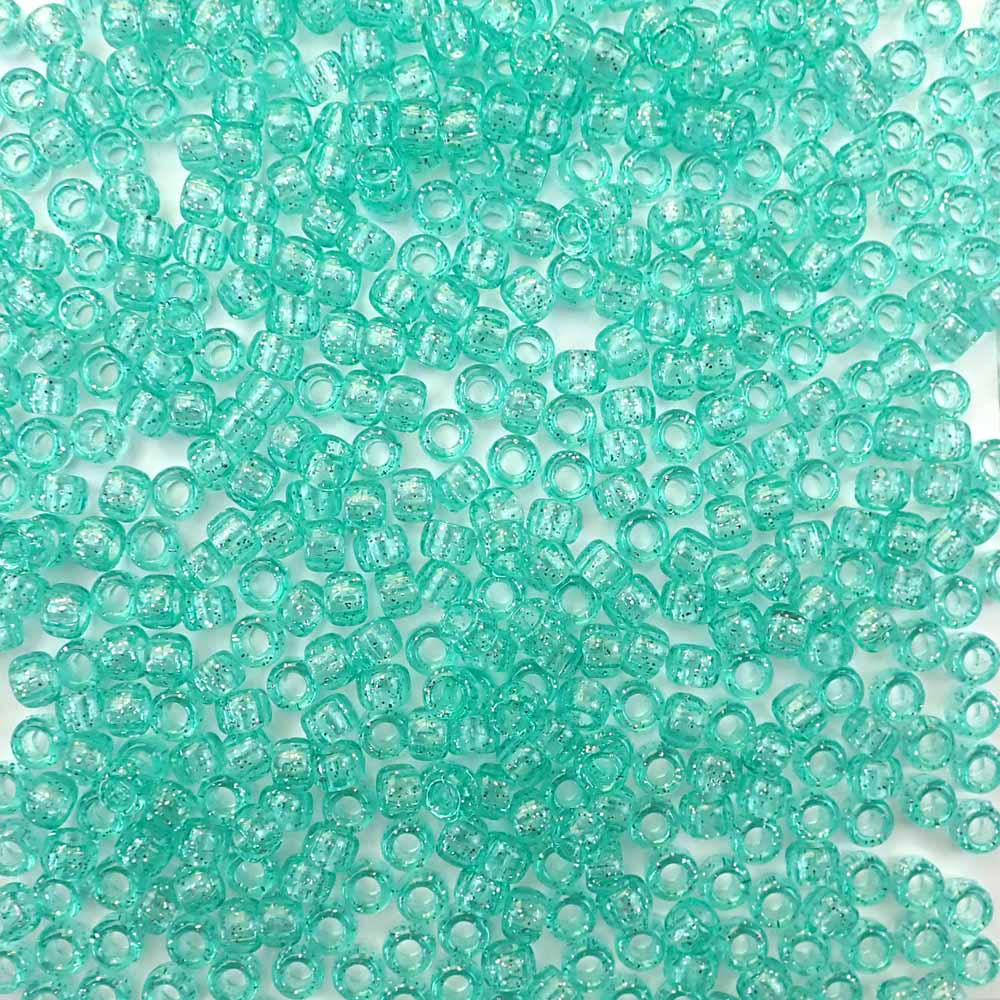 Light Aqua Green Glitter Plastic Pony Beads. Size 6 x 9 mm. Craft Beads. Made in the USA.
