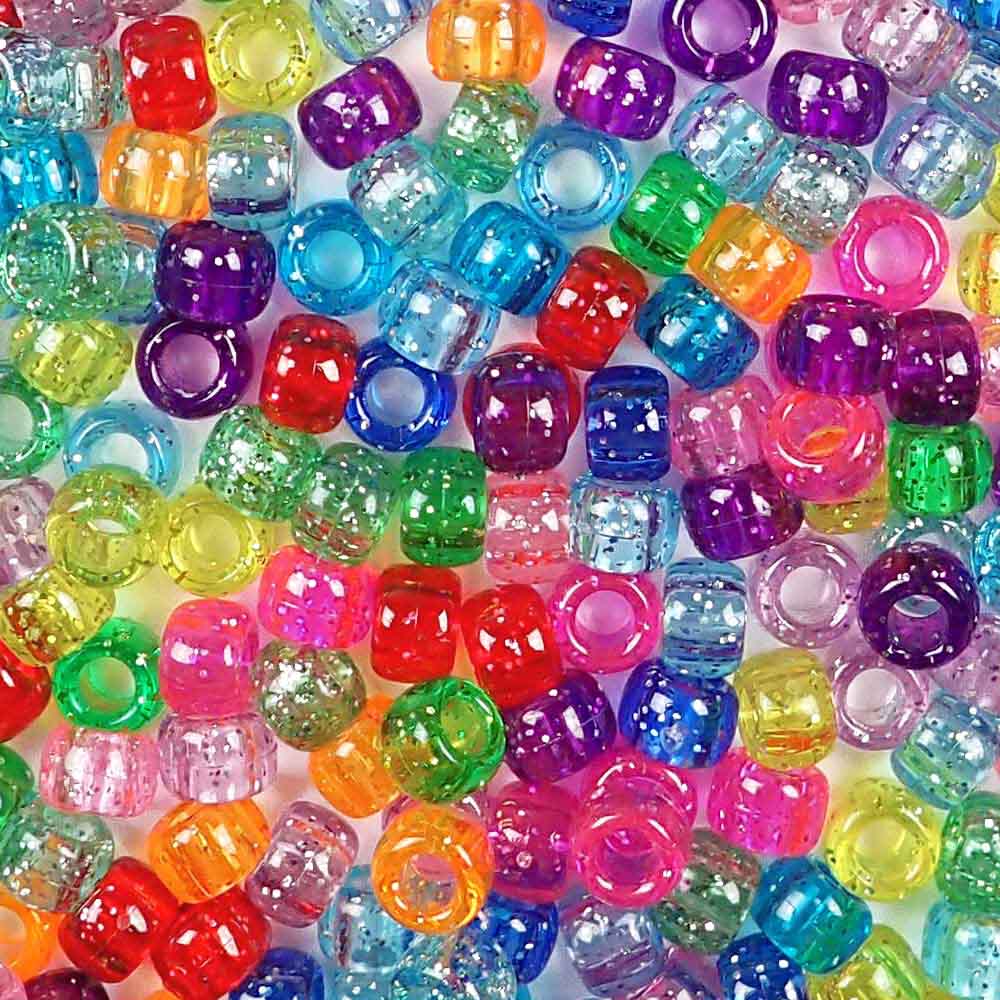 Rainbow Glitter Multicolor Mix Plastic Pony Beads 6 x 9mm, 1000 beads