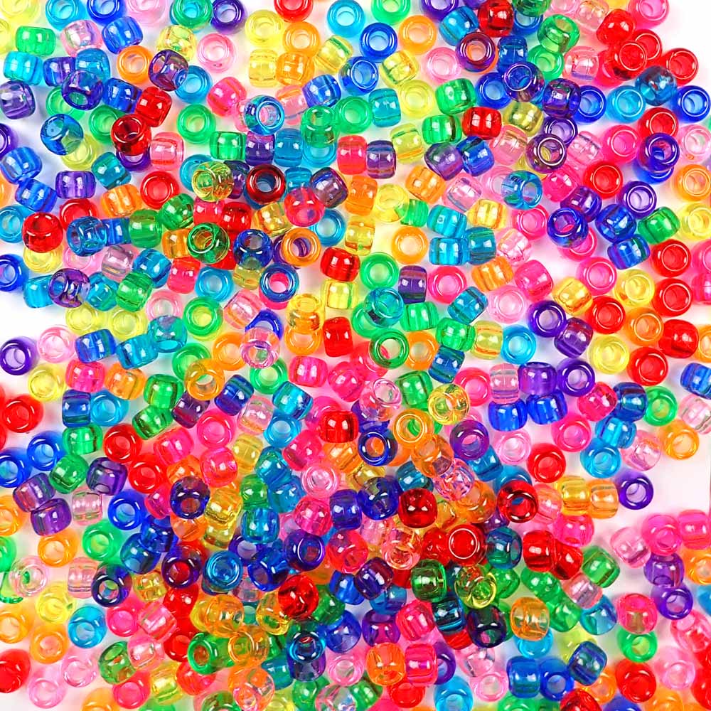 Fun Rainbow Transparent Plastic Pony Beads. Size 6 x 9 mm. Craft Beads. Made in the USA.