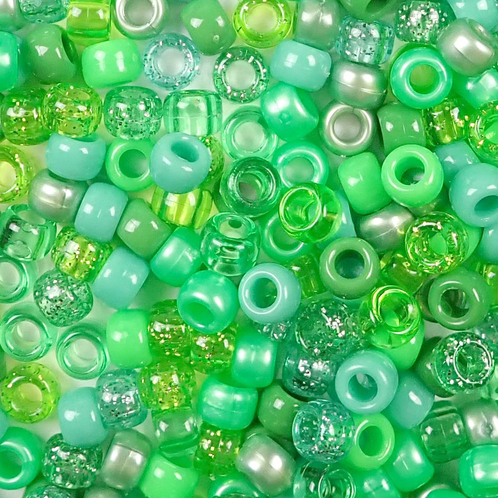 Green Apple Mix Plastic Pony Beads. Size 6 x 9 mm. Craft Beads. Made in the USA.