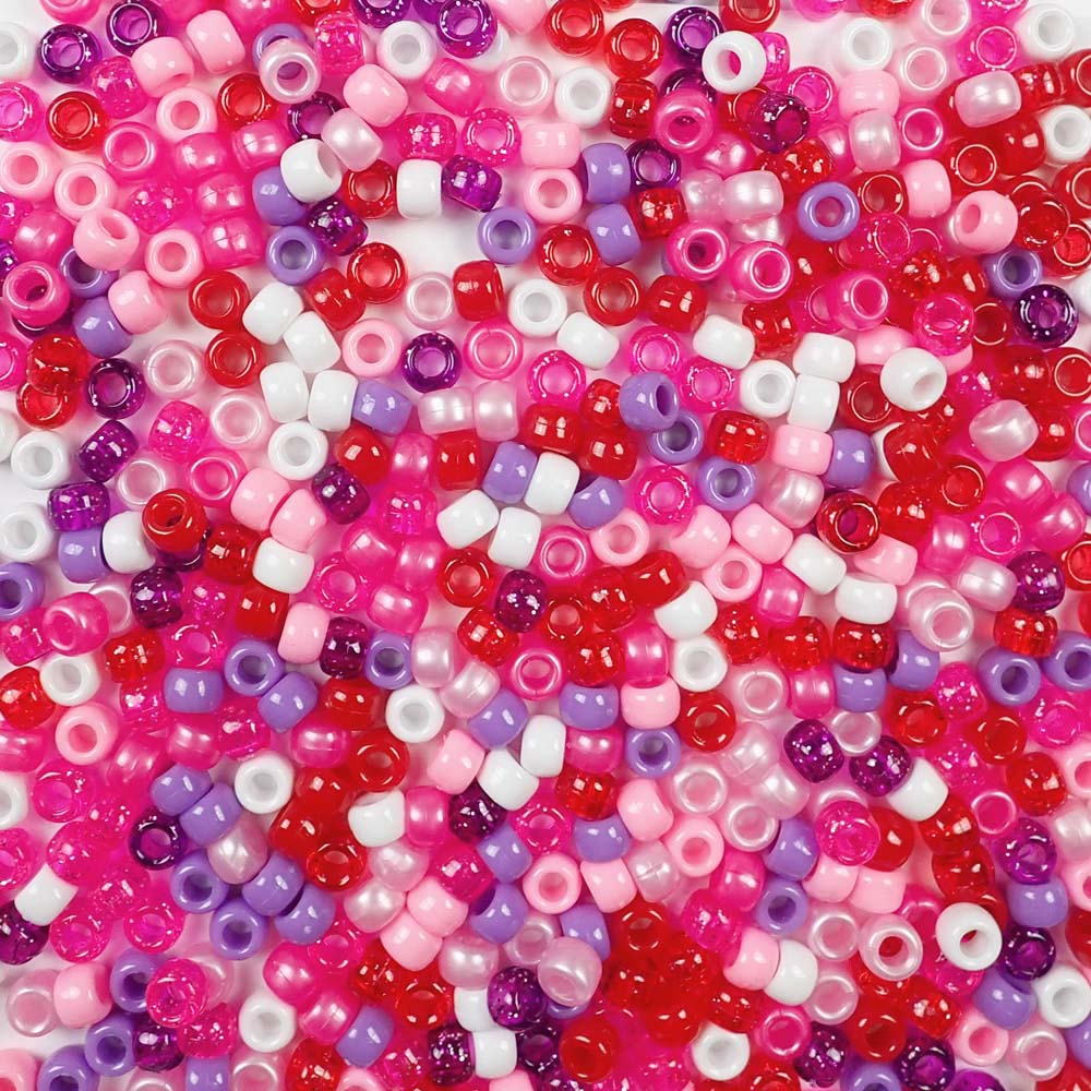 6 x 9mm Plastic Pony Beads in Valentine's Day Colors of Red, White, Pink and Purple