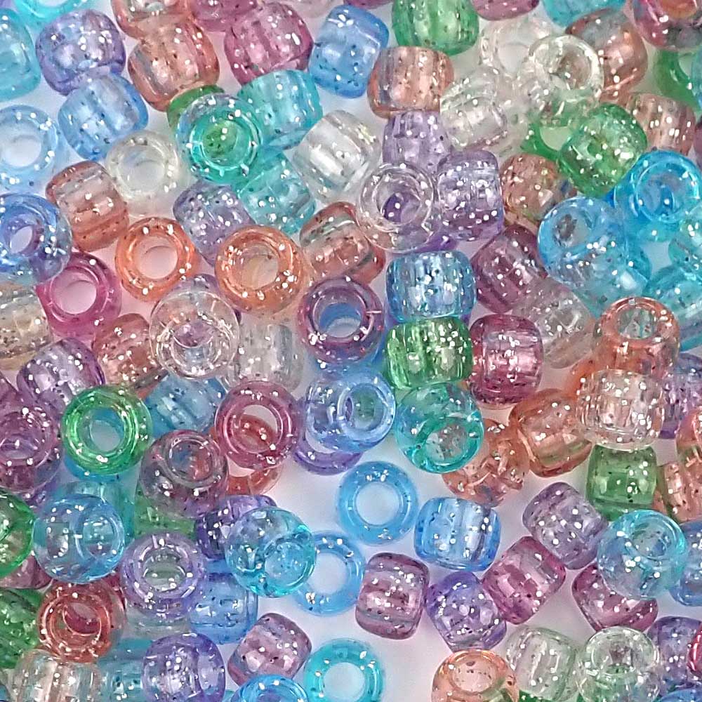 Pastel Glitter Mix Plastic Pony Beads 6 x 9mm, 1000 beads