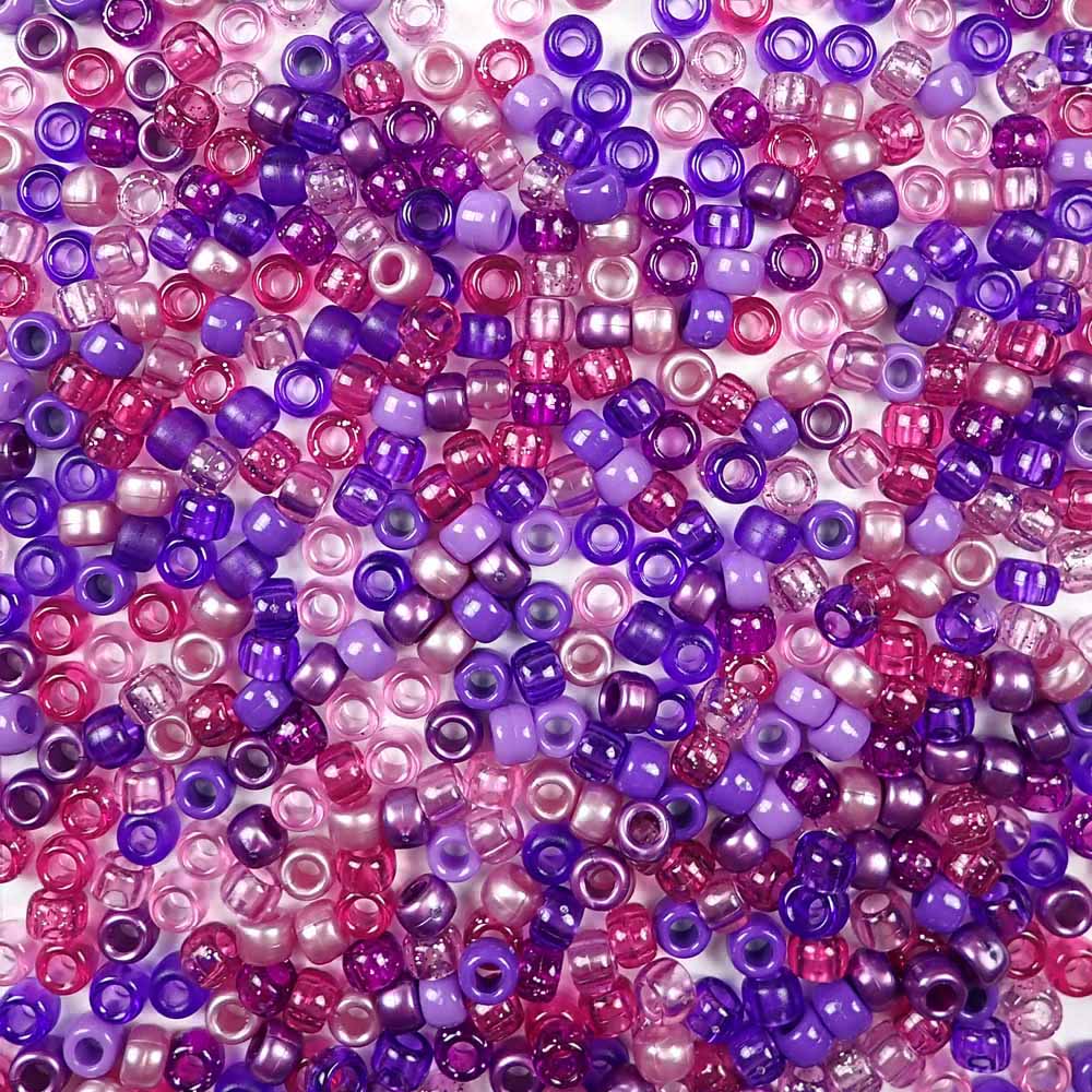 Violet Pink Purple Mix Plastic Pony Beads. Size 6 x 9 mm. Craft Beads. Made in the USA.