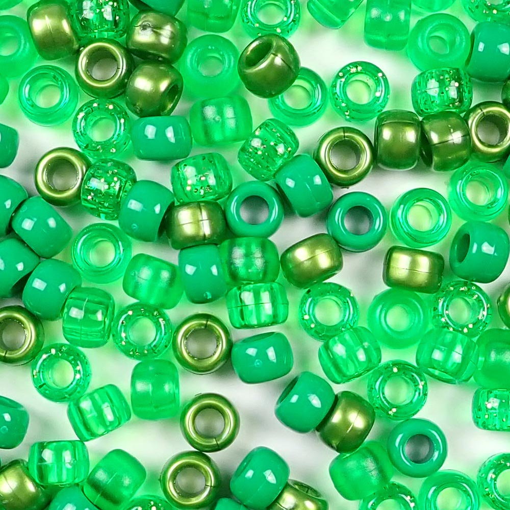 Green Mix Plastic Pony Beads. Size 6 x 9 mm. Craft Beads. Made in the USA.
