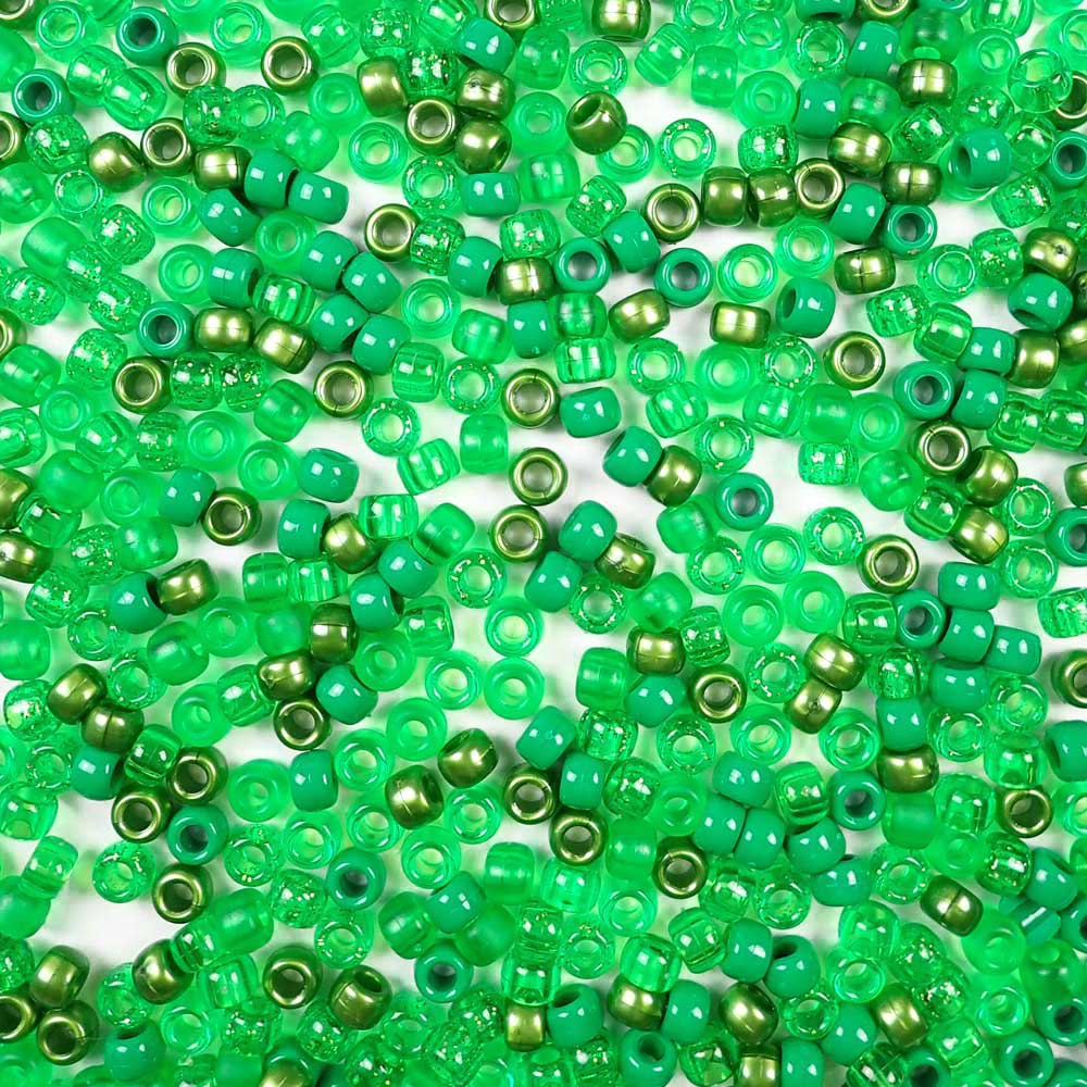 Green Mix Plastic Pony Beads. Size 6 x 9 mm. Craft Beads. Made in the USA.