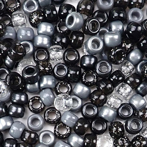 a mix of black and gray colors of 6 x 9mm plastic pony beads