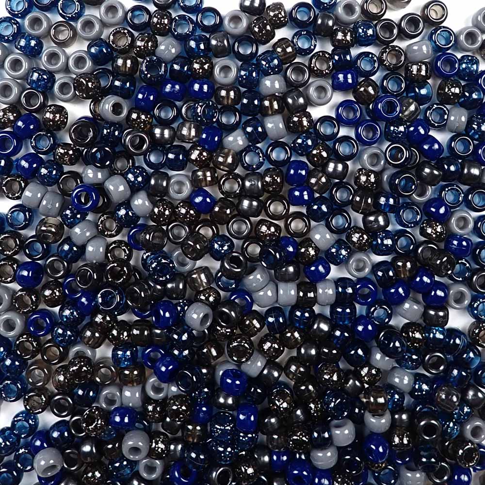 6 x 9mm plastic pony beads in twilight mix of dark blue and gray colors