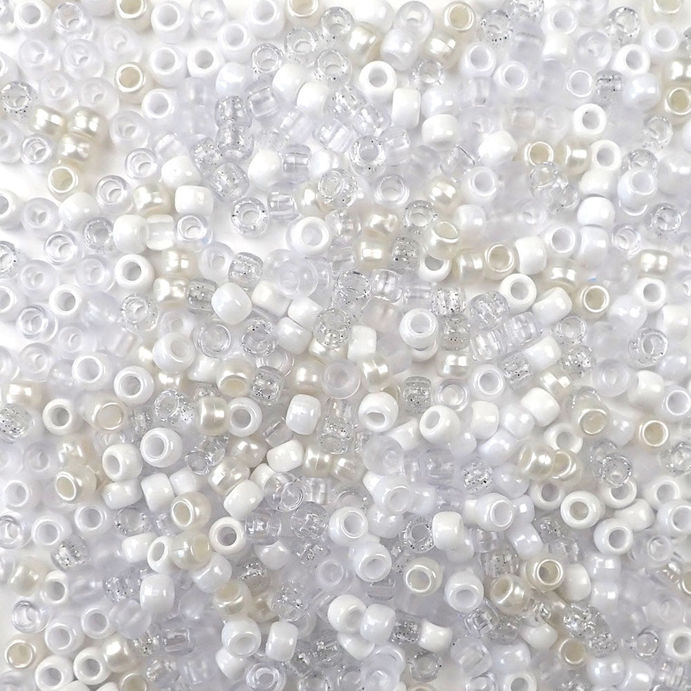 White Mix Plastic Pony Beads. Size 6 x 9 mm. Craft Beads. Made in the USA.