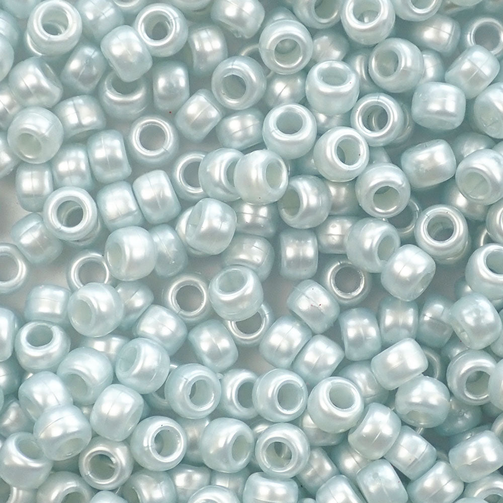 Light Azure Blue Pearl Plastic Pony Beads. Size 6 x 9 mm. Craft Beads. Made in the USA.