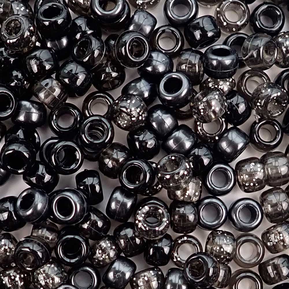 Black Mix Plastic Pony Beads. Size 6 x 9 mm. Craft Beads. Made in the USA.