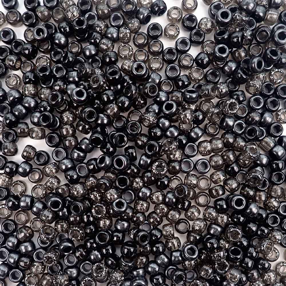 Black Mix Plastic Pony Beads 6 x 9mm, 1000 beads