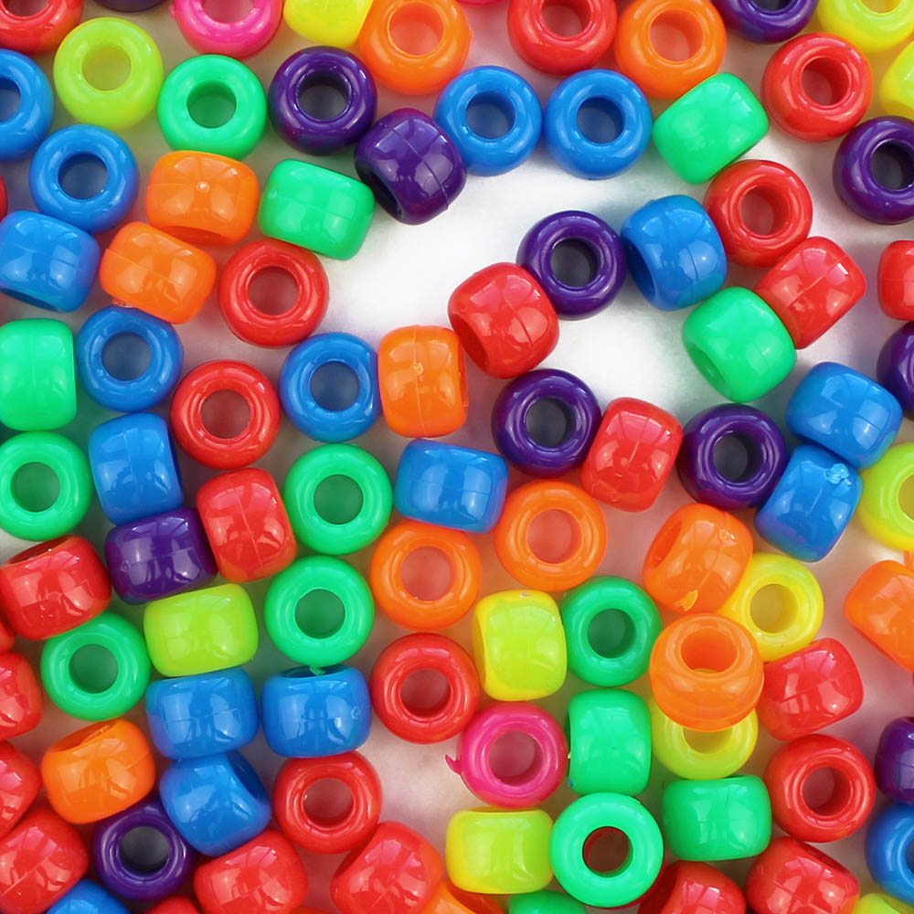 Fun Neon Multi Color Mix Plastic Pony Beads 6 x 9mm, 500 beads