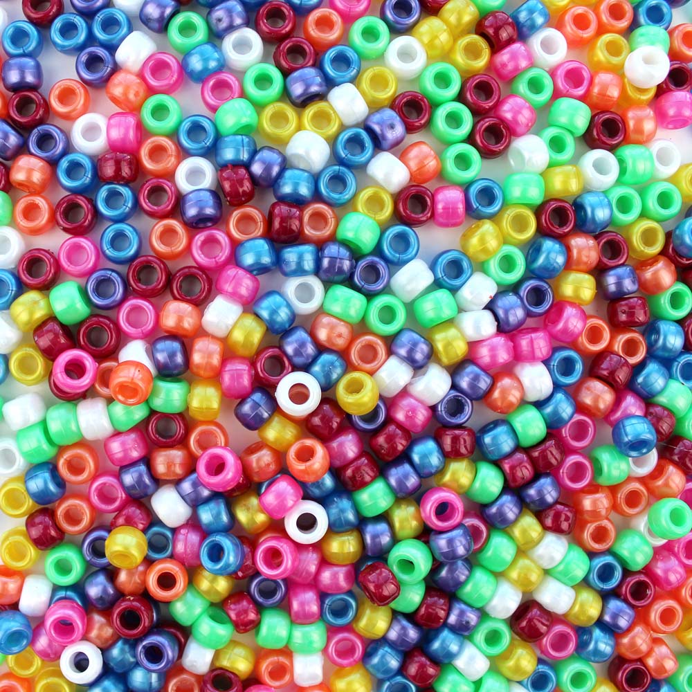 Fun Pearl Mix Plastic Pony Beads. Size 6 x 9 mm. Craft Beads. Made in the USA.