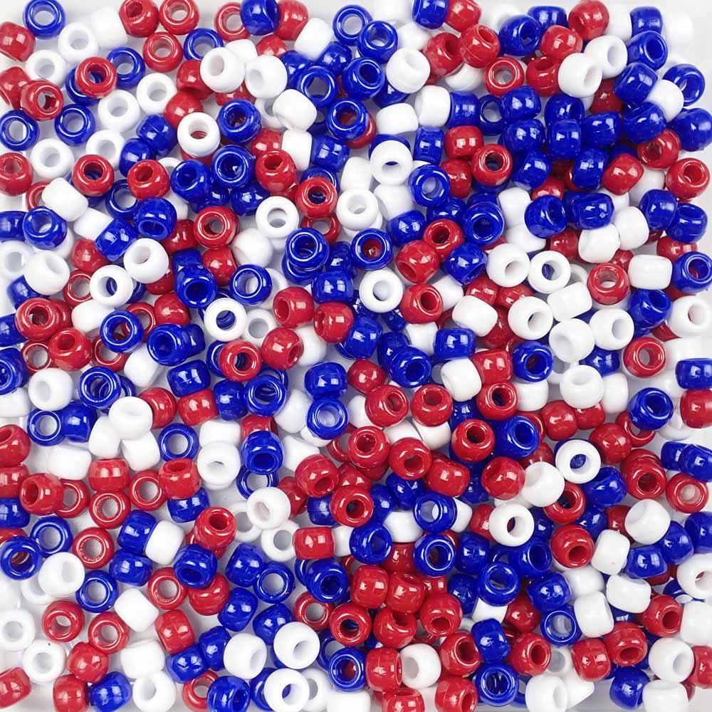 Patriotic Opaque Mix Plastic Pony Beads 6 x 9mm, 1000 beads