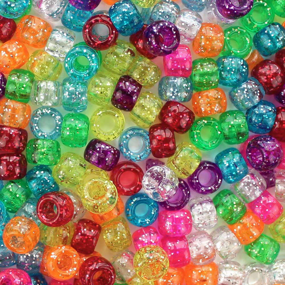 Fun Glitter Mix Plastic Pony Beads. Size 6 x 9 mm. Craft Beads. Made in the USA.