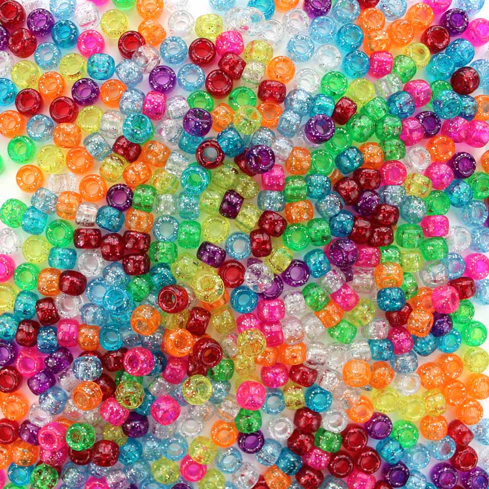 Fun Glitter Mix Plastic Pony Beads. Size 6 x 9 mm. Craft Beads. Made in the USA.