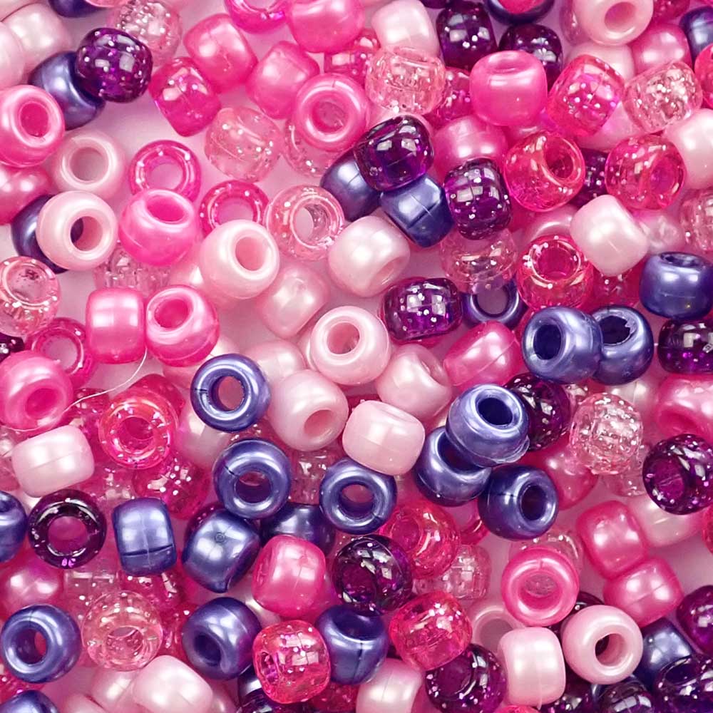 Pink &amp; Purple Multicolor Mix Plastic Pony Beads 6 x 9mm, 500 beads