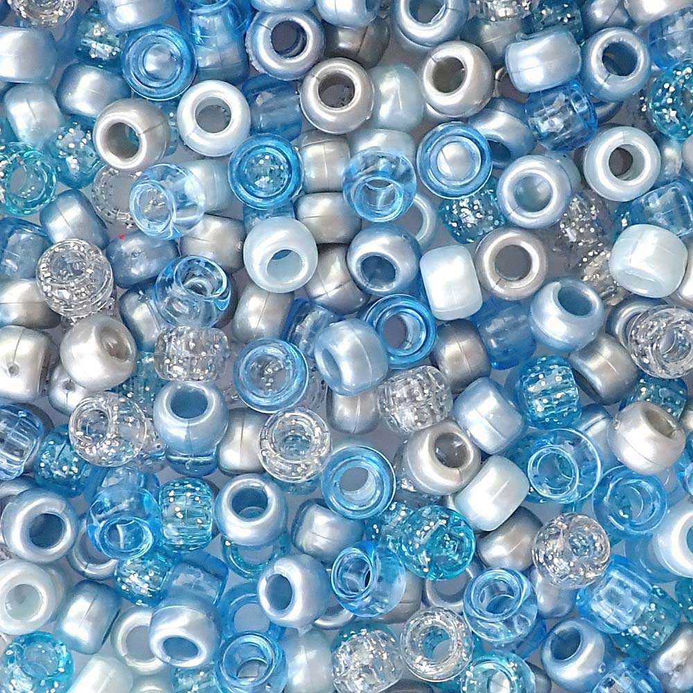Blue Ice Mix Plastic Pony Beads 6 x 9mm, 1000 beads