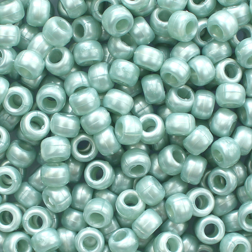 Dark Sea Green Pearl Plastic Pony Beads. Size 6 x 9 mm. Craft Beads. Made in the USA.