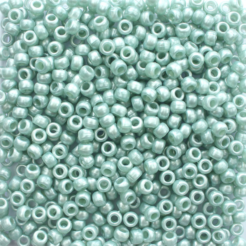 Dark Sea Green Pearl Plastic Pony Beads. Size 6 x 9 mm. Craft Beads. Made in the USA.