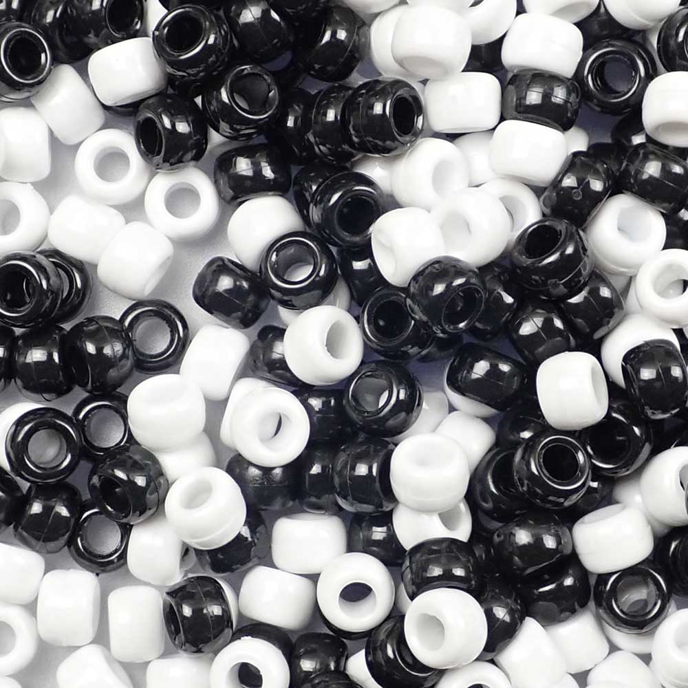 Black &amp; White Mix Plastic Pony Beads 6 x 9mm, 500 beads